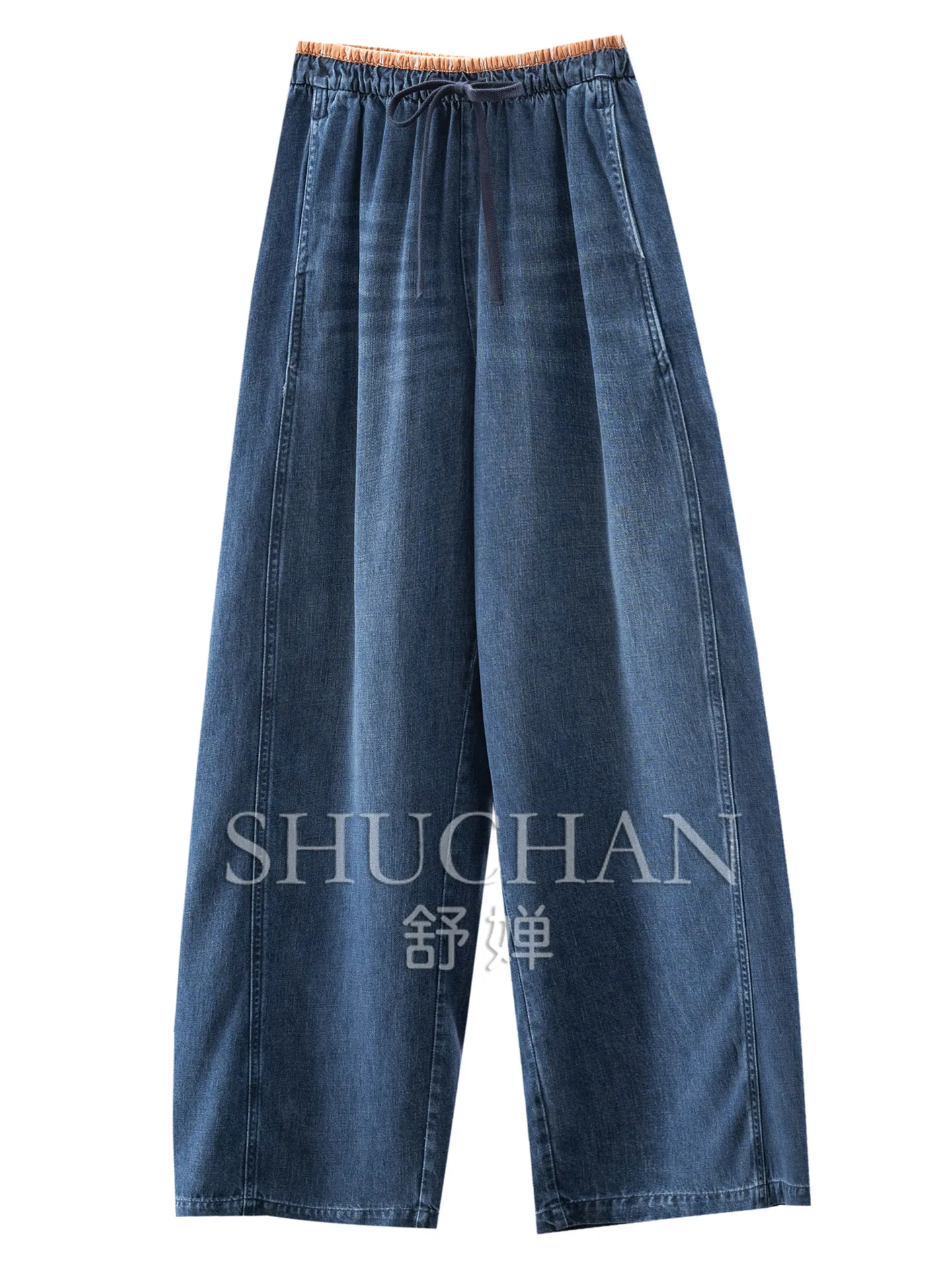 Denim Pants Contrasting Color Drawstring High Waist 100lyocell Sickle Jeans Women 73M6 Pantalones De Mujer