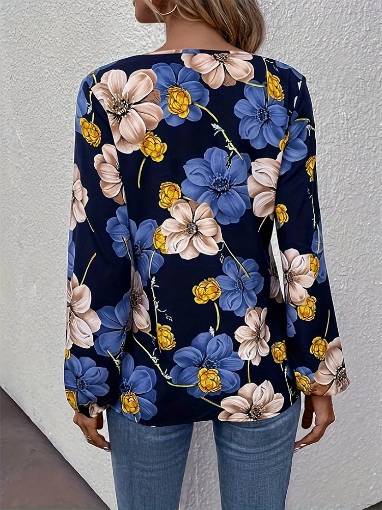 เสื้อเชิ้ตพิมพ์ลายคอวีที่ทันสมัยและสง่างามสําหรับสุภาพสตรีพร้อมแขนโคมไฟสําหรับฤดูใบไม้ผลิและฤดูร้อนเป็นมิตรกับผิวหนัง
