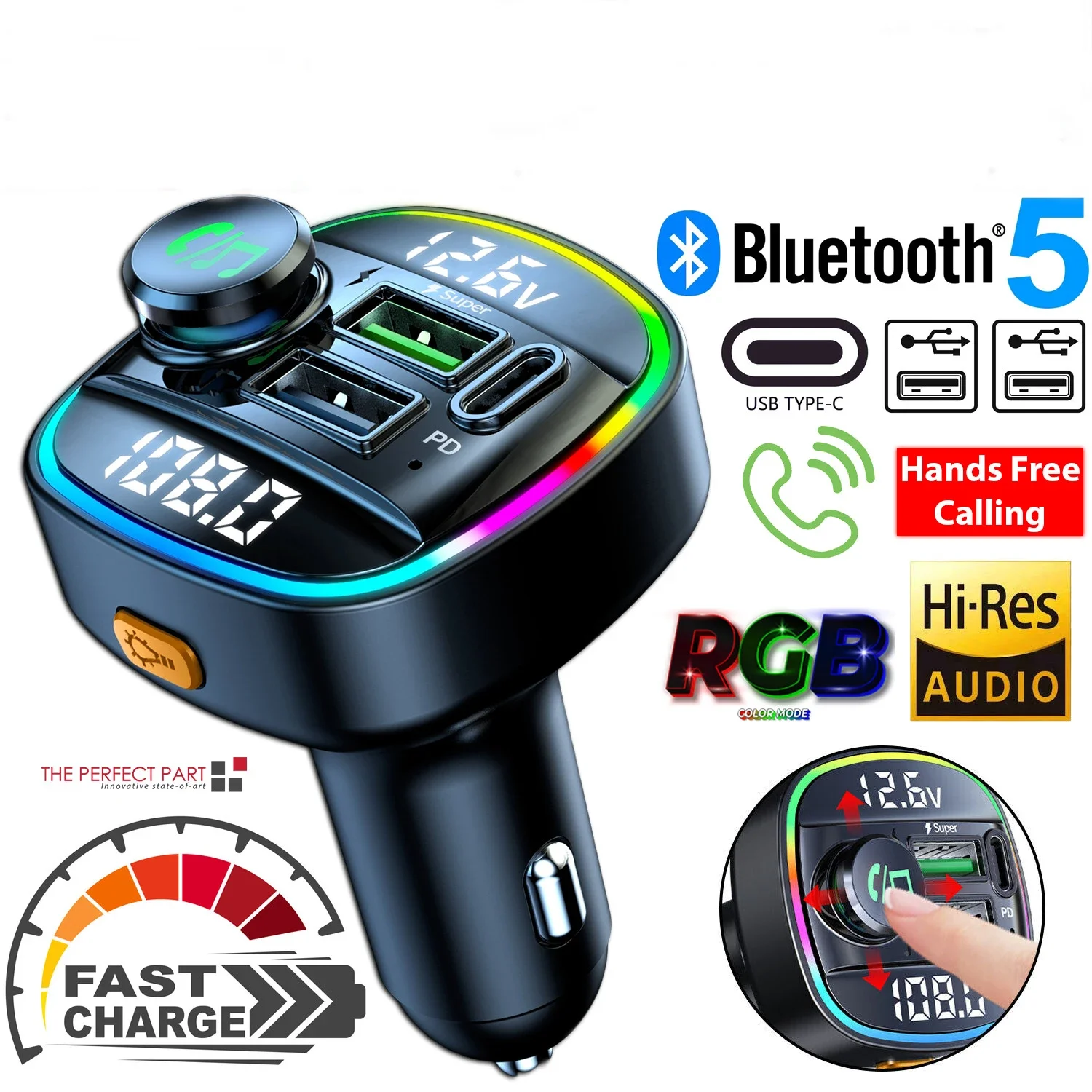 

Car Wireless FM Transmitter QC3.0 & Type C PD USB Charger AUX with Hands-Free Calling 7 Colors LED Backlit Replacement Parts