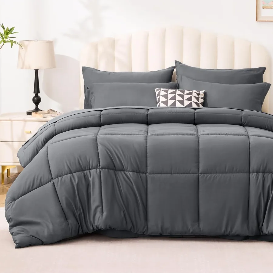 

Full Comforter Set Soot Grey 7 Pieces Full Bed in a Bag All Season Bedding Sets with 1 Comforter 1 Flat Sheet 1 Fitted Sheet 2
