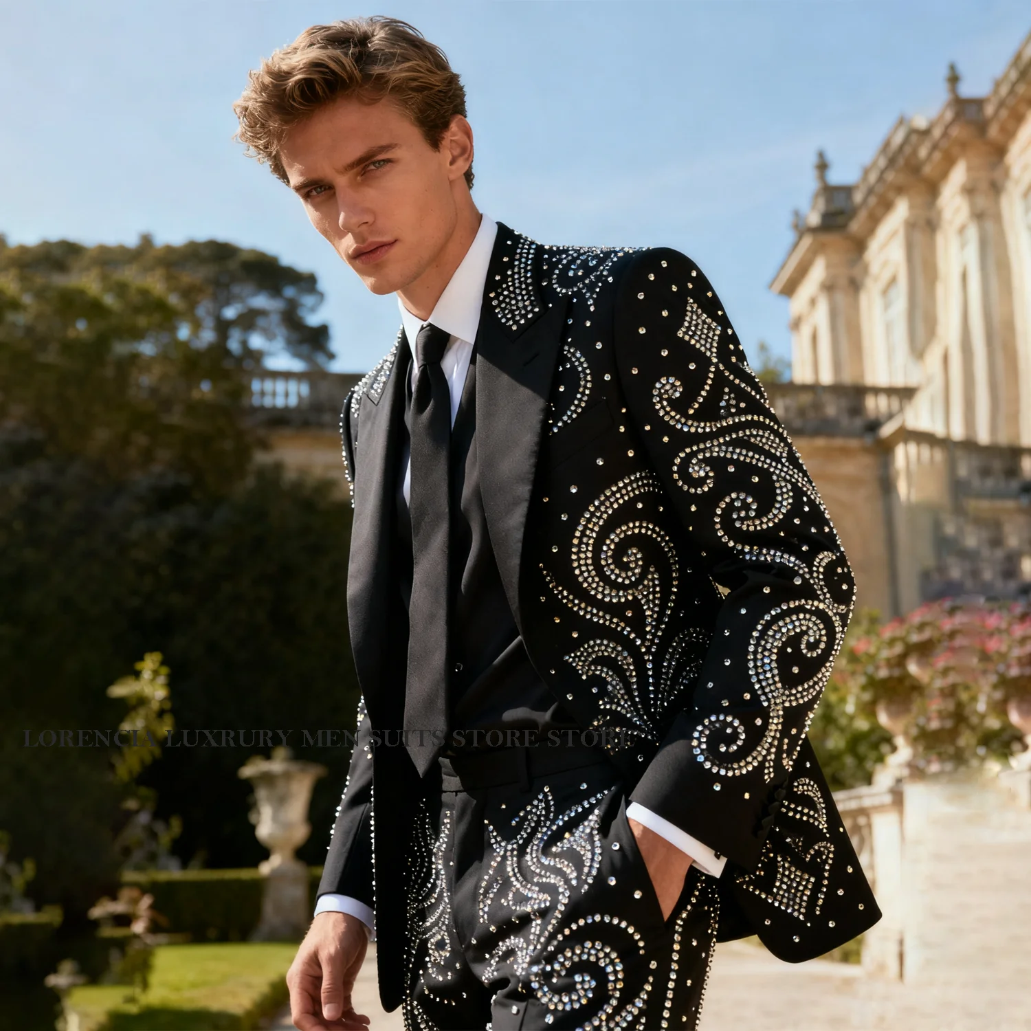 

Роскошный мужской костюм из двух предметов с лацканами по индивидуальному заказу, облегающий спортивный смокинг для жениха, свадебный фрак, ювелирные изделия с бриллиантами, Ropa homre