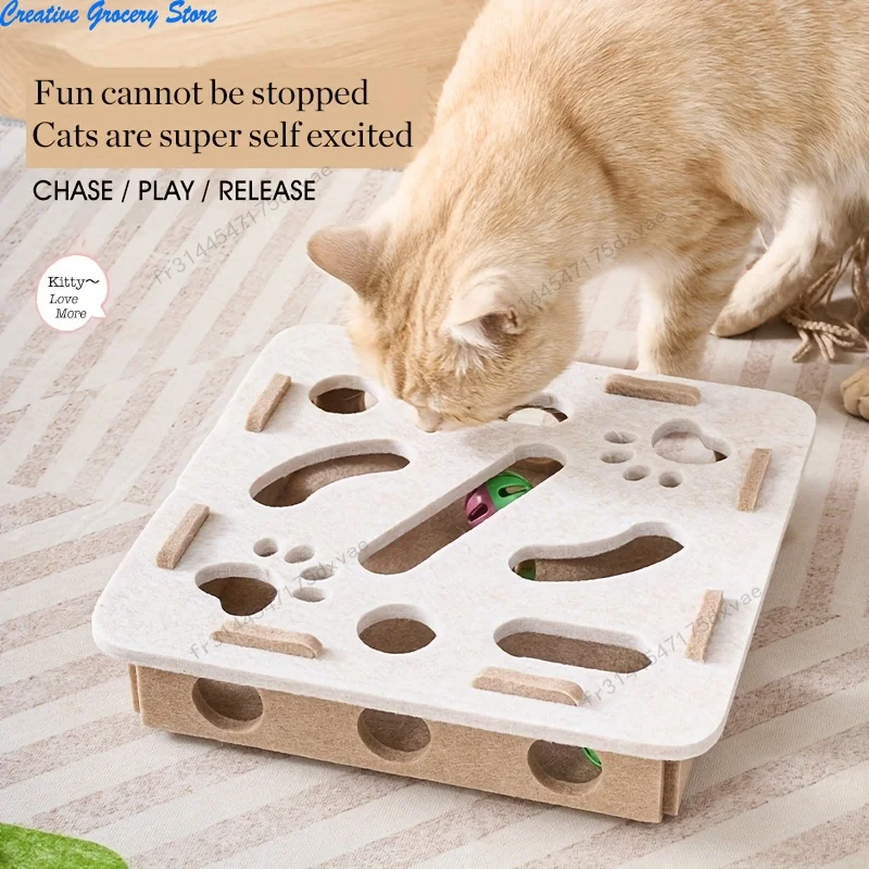 Juguete Interactivo para Gatos, Caja de Fieltro con Laberinto, Túnel, Campana y Pelota, Juguete de Entretenimiento para Gatos en Interiores