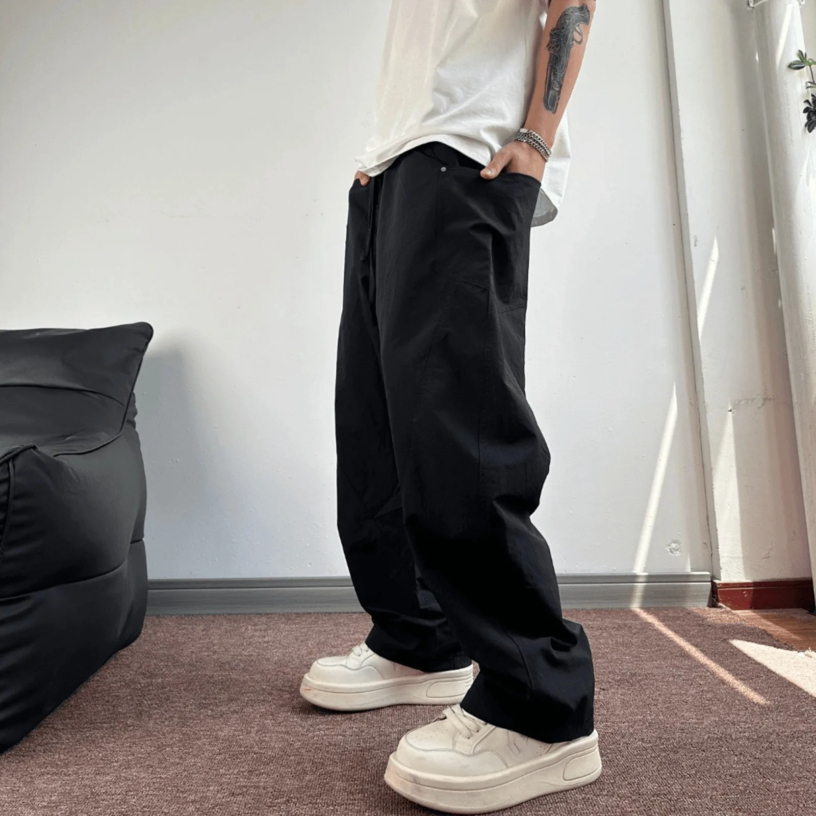 Men's Casual Baggy Elastic Waist Pants With Large Pockets Lightweight Relaxed Fit Drawstring Trousers