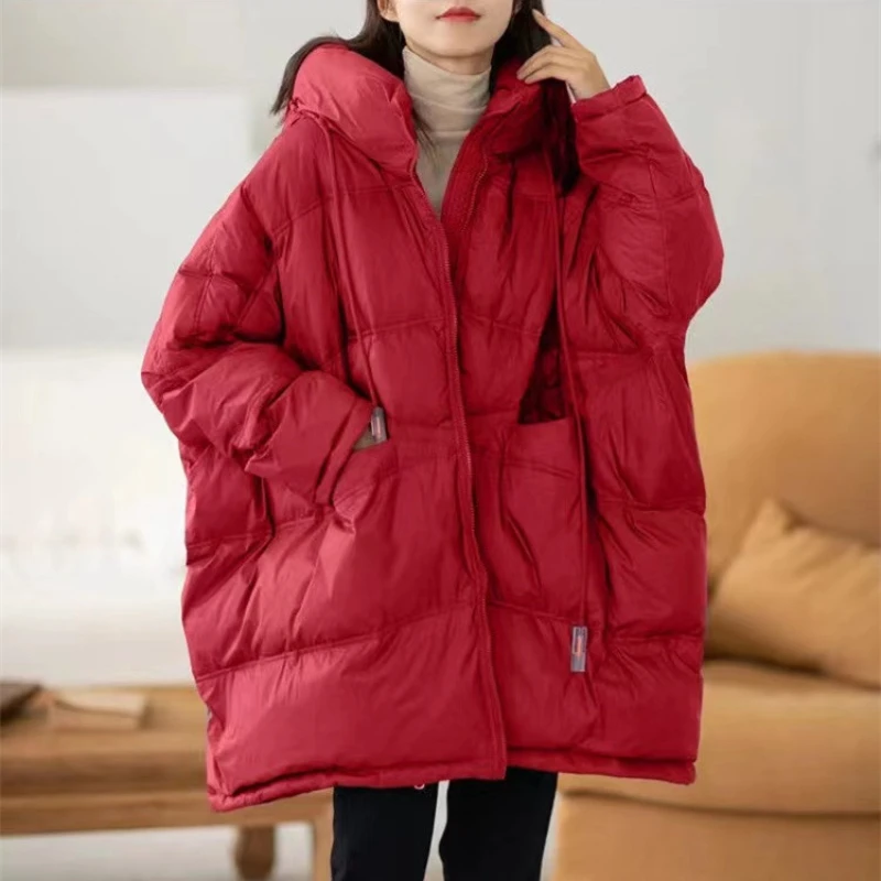 2023 New Winter Women 90% White Duck Down Jacket Casual Loose Over Size Warm Parka Female Drawstring Hooded Puffer Coat