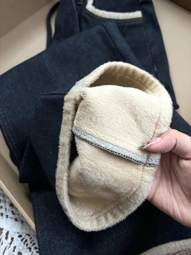 ارتفاع الخصر سميكة الدافئة الدنيم السراويل النساء خمر الخريف الشتاء جديد المخملية اصطف الأزرق الداكن مستقيم واسعة الساق الجينز