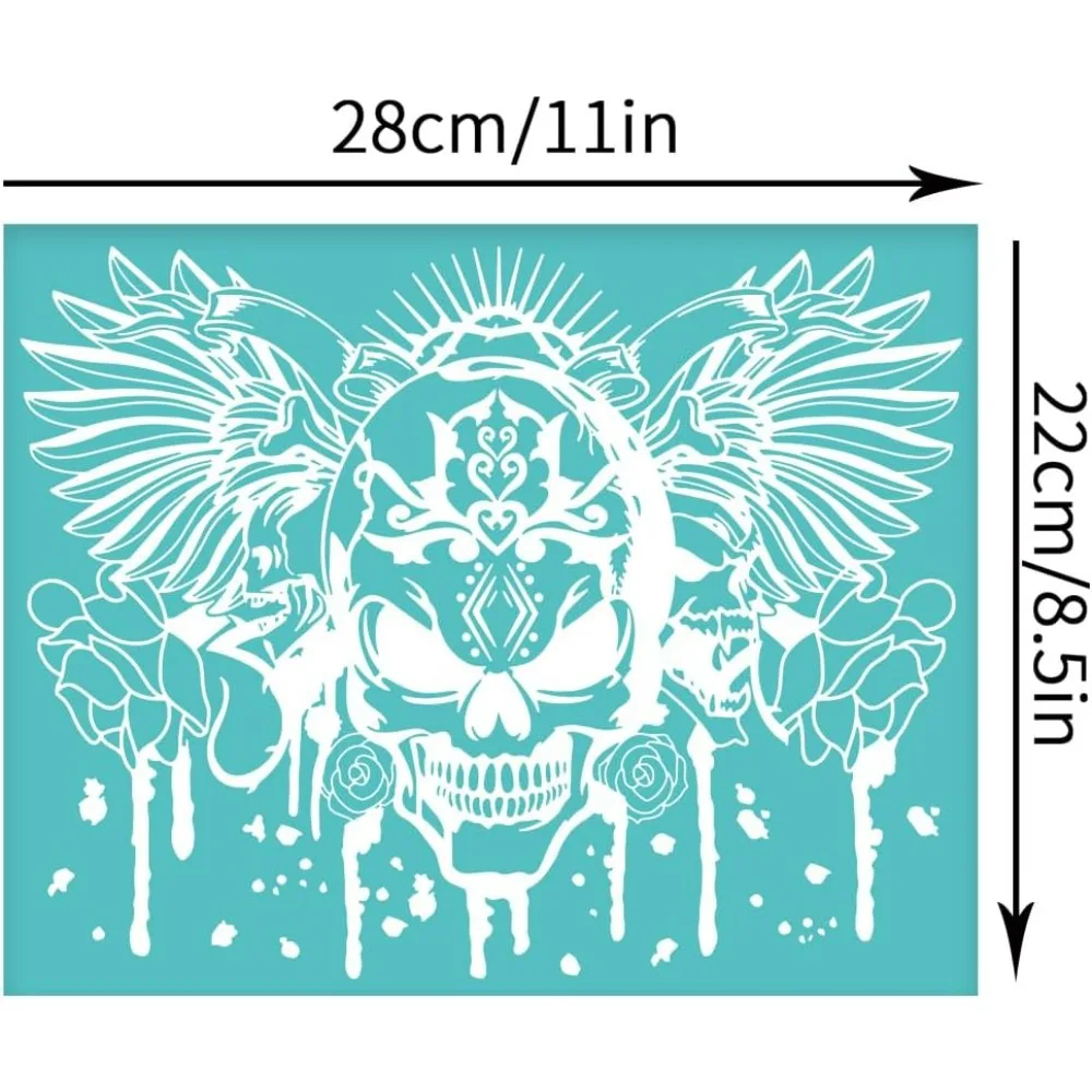 2Pcs 11x8.6 Inch Wild Skeleton Self-Adhesive Silk Screen Printing Stencil Skull with Wing Flower Silk Screen Stencil Scrawl