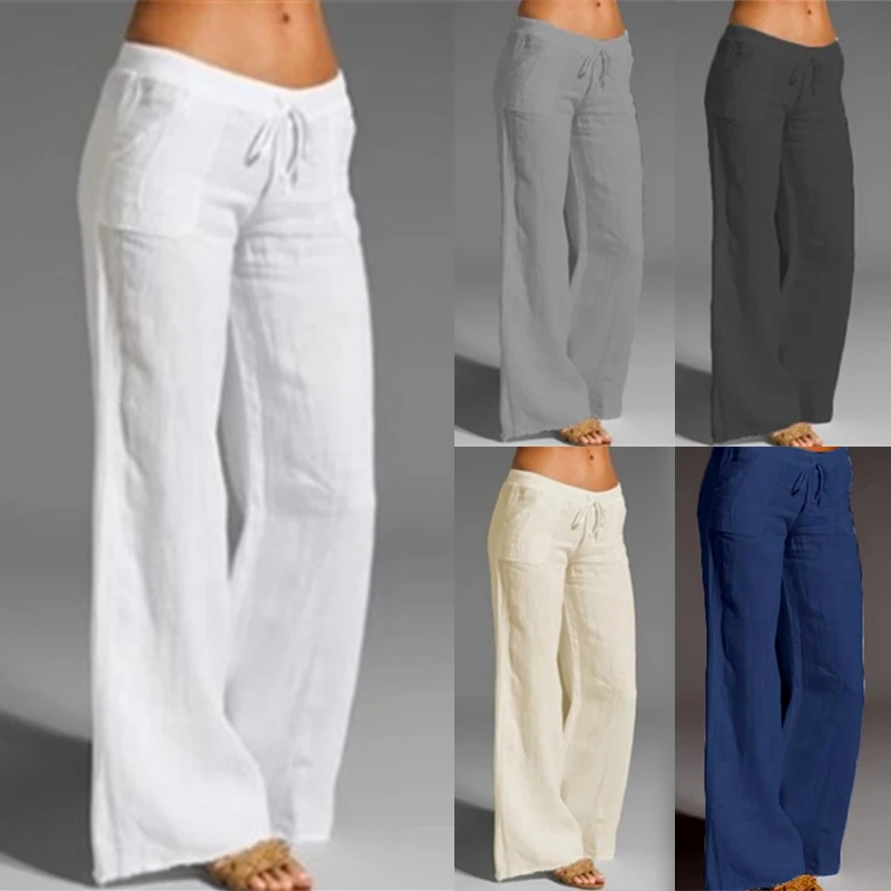 Casual Cotton Linen Wide Leg Pants For Women Wide Leg Trousers High Waist Trouser Elastic Sweatpants Streetwear Sweatpants