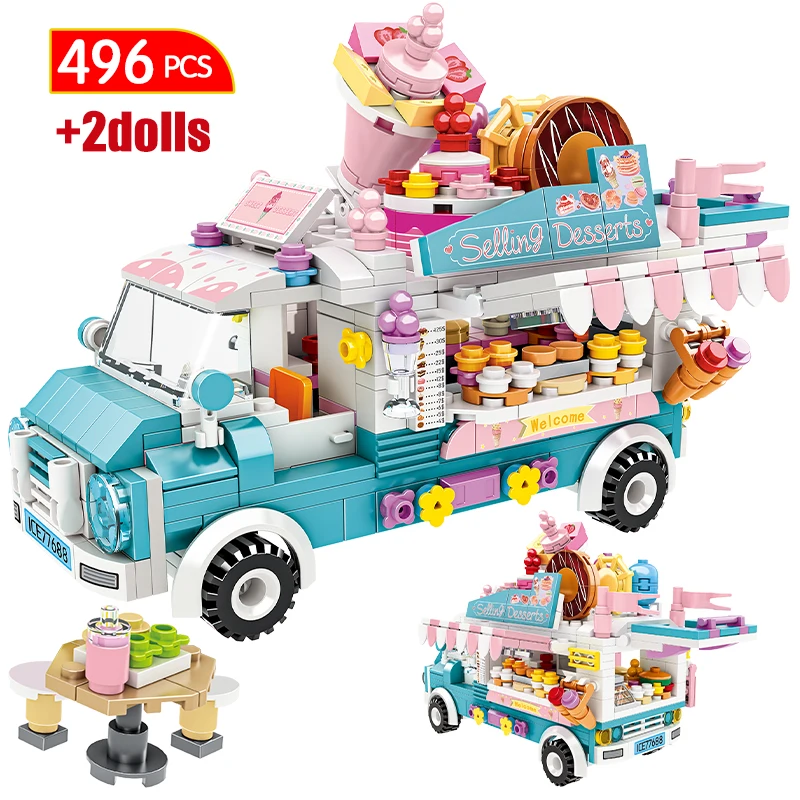 497 Pcs City Girls Ice Cream Sets Model Building Blocks Friends Burger Ramen Racing Vehicle Camping Car Bricks Toys For Children