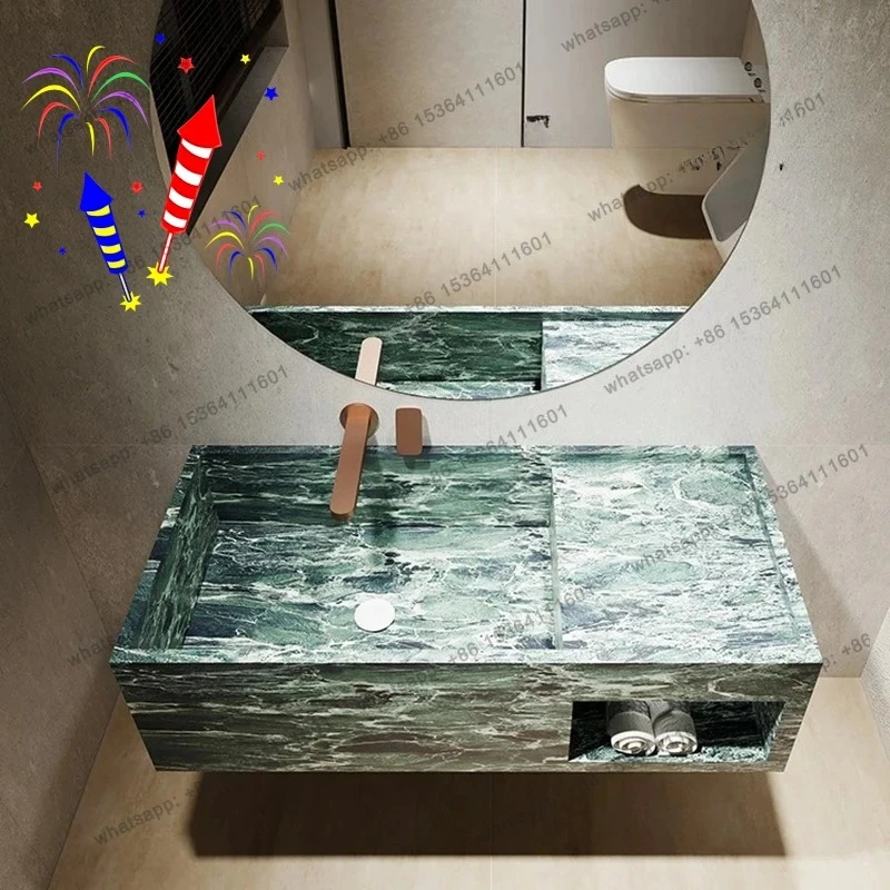 1 Piece Design Unique Vein Emerald Marble Wall-Mounted Sink Thin Edge Bathroom Basin Heat-Resistant Luxury Vanity Custom
