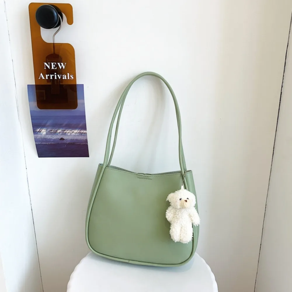 

Korean Style PU Leather Shoulder Bag Soft Solid Color Underarm Bag with Bear Pendant Large Capacity Handbag for Work Shopping
