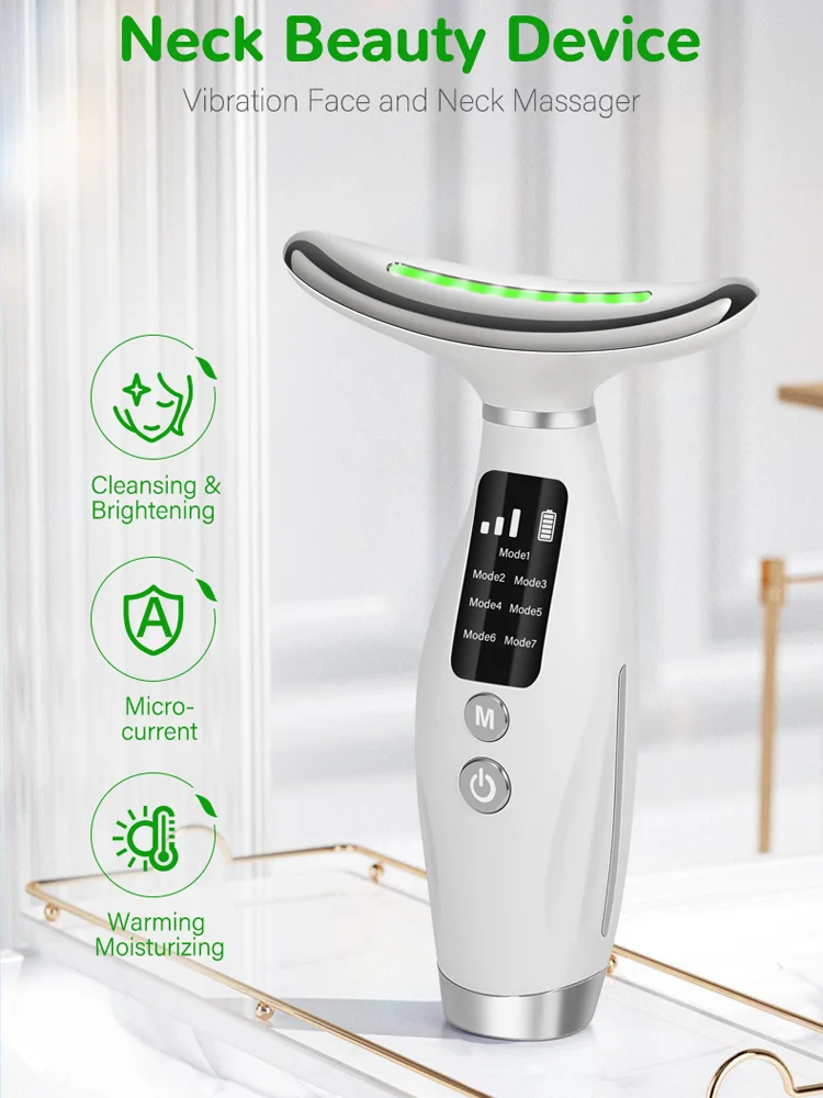 جهاز تجميل الوجه والرقبة مكركرنت 7 ألوان مدلك الوجه تكنولوجيا الاهتزاز يرفع مناطق الرقبة والكتف للوجه