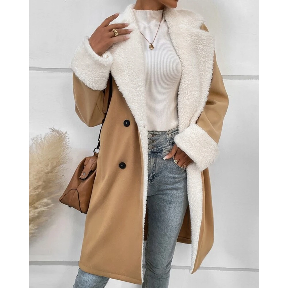 Winter Fashion Women Casual Teddy Double Breasted Nothched Fluffy Coat Femme Trendy Elegant Colorblock Long Sleeve Overcoat traf