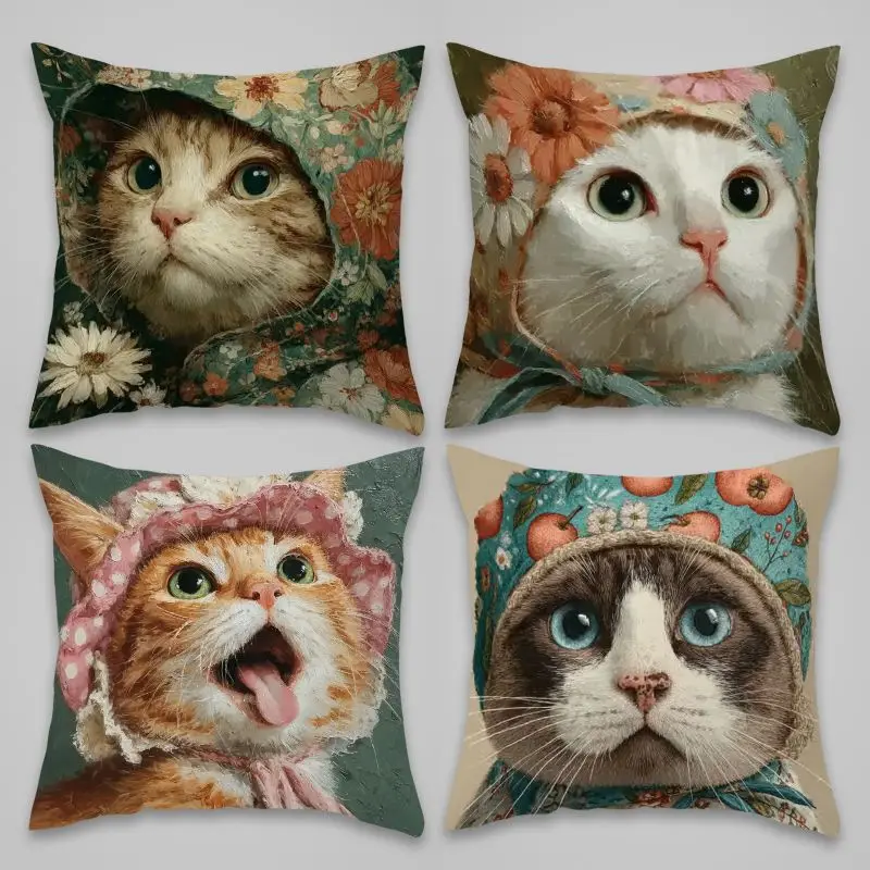 Cute Cat Portrait Pillowcase Set 4pcs Decorative Cushion Covers 45x45cm Novelty Pet Art Home Decor Gift
