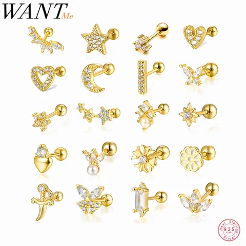 WANTME 925 스털링 실버 패션 사랑 나비 로맨틱 스타 크라운 스크류 스터드 귀걸이 여성을위한 귀 뼈 피어싱 쥬얼리