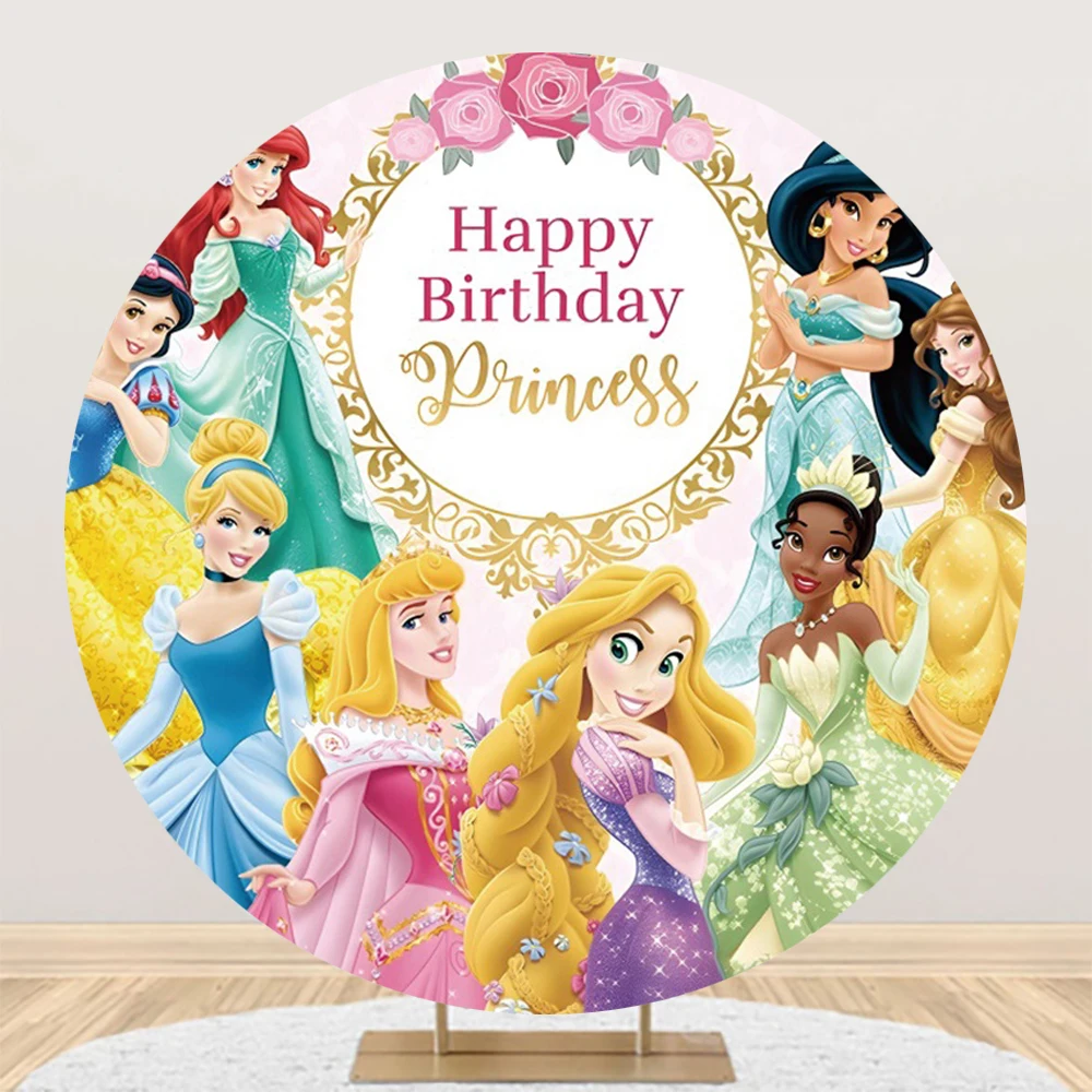 ディズニープリンセスの誕生日パーティーの装飾アクセサリー,丸い背景,写真の背景,ベビーシャワー,女の子のバナー,子供のアクセサリー
