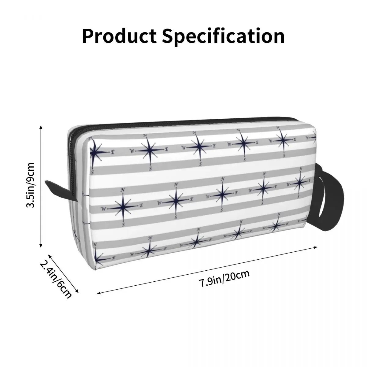 Nautical Navy Blue Compass On Silver Gray And White Stripes Makeup BagToiletry Cosmetic Bag for Women Beauty Travel Pencil Case