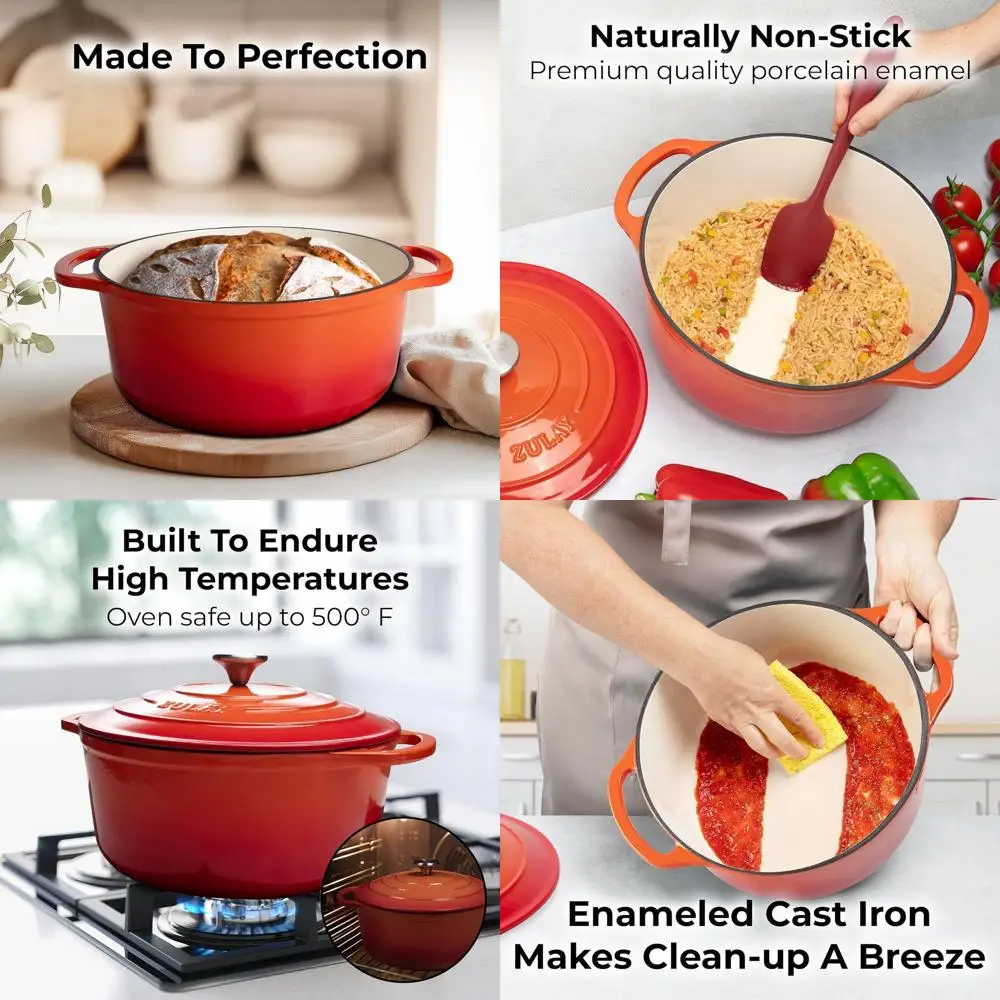 

Чугунная эмалированная жаровня на 5 кварт с крышкой - Прочная посуда для духовки, пригодная для выпечки, тушения, томления и запекания - Оранжевая