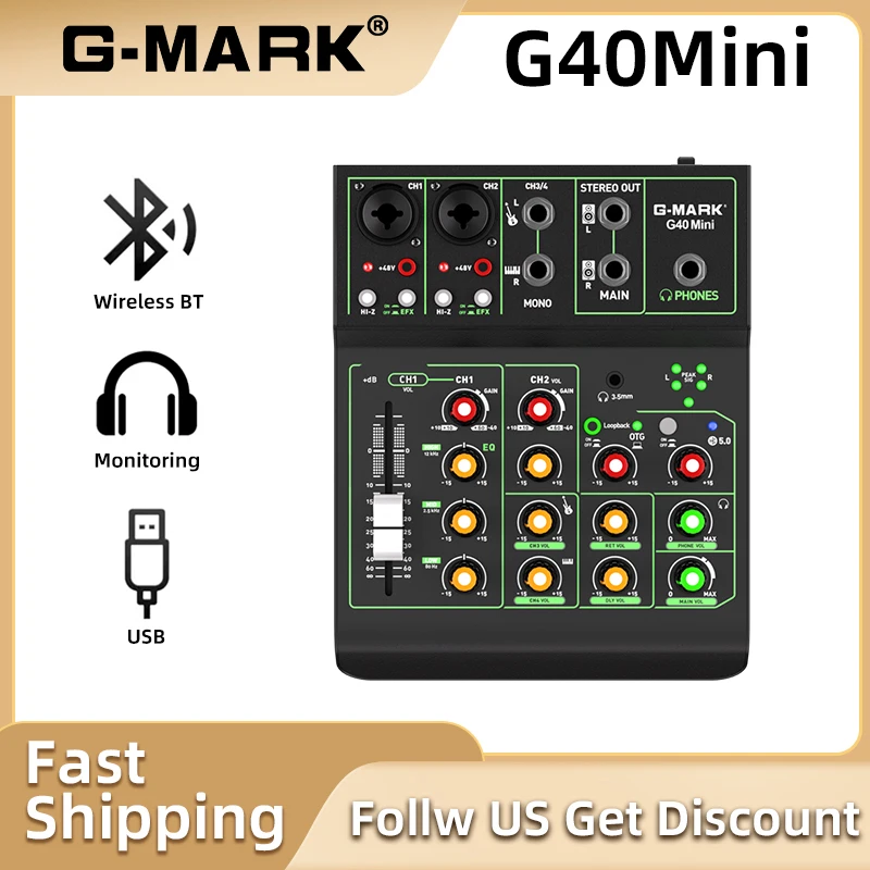 G-MARK Audio Mixer Sound Card G40Mini 4 Channel Audio Interface With Bluetooth 5.0 Reverb 48V Power For Sound Mixing Recording