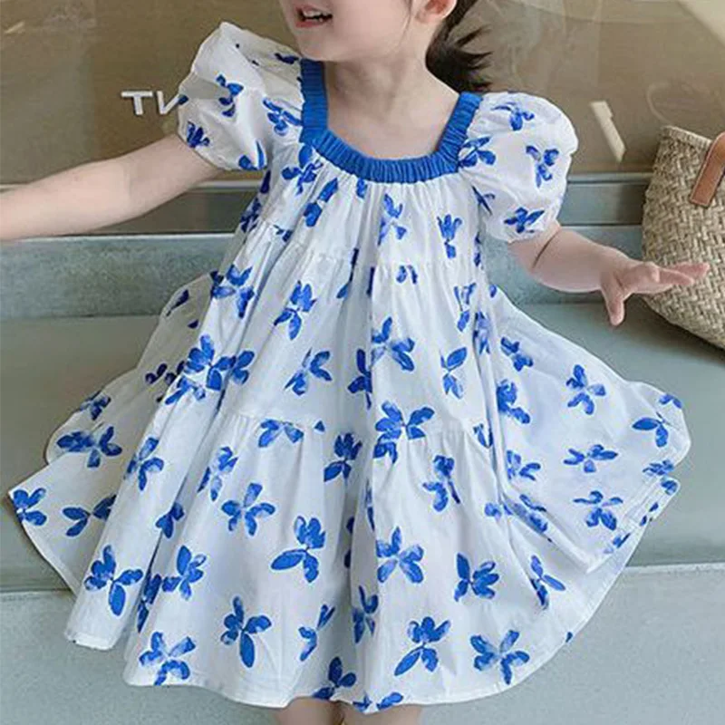 

Clothing for Girls Color Matching Round Neck A-line Skirt Fashionable Korean Pleated Butterfly Printing Short Sleeve Mid Dresses