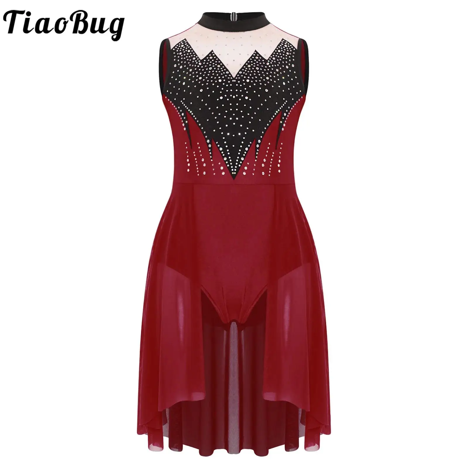 

Kids Girls Lyrical Dance Costume Leotard Rhinestones Sheer Mesh Overlay Crotch Press Buttons Bodysuits Performances Skating Wear