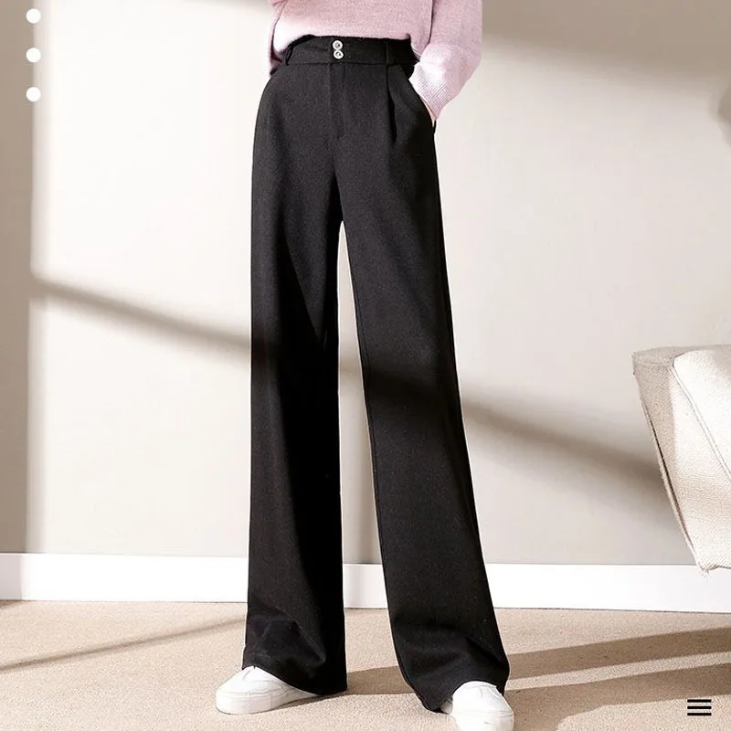Autumn Winter Female Straight Loose Solid Color Wide Leg Pants Simplicity Fashion High Waist Button Trousers Women's Clothing