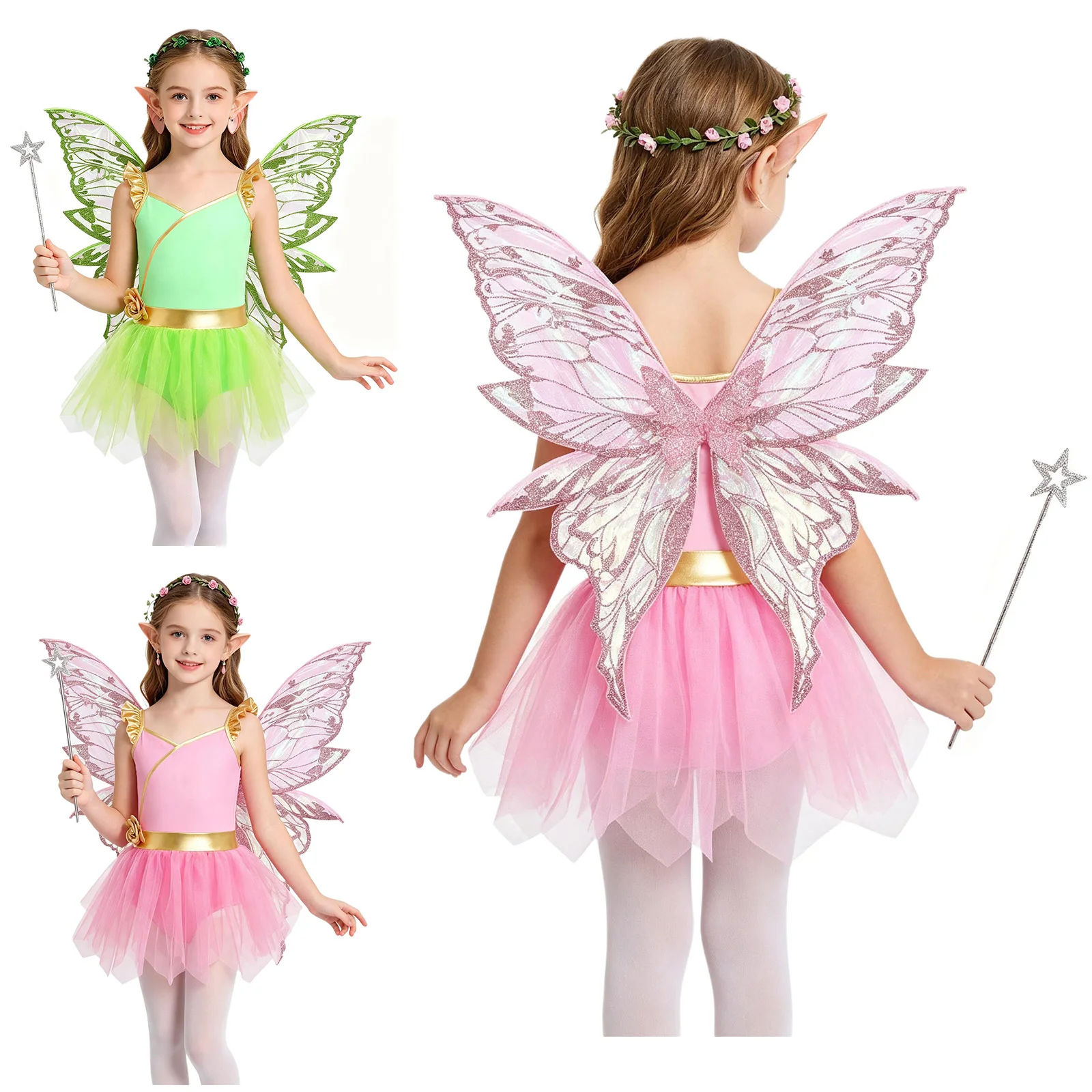 

Girls Princess Fairy Dress Up Halloween Green Eif Costumes Ruffle Mesh Overlay Ballet Leotard And Butterfly Wing Performance Set