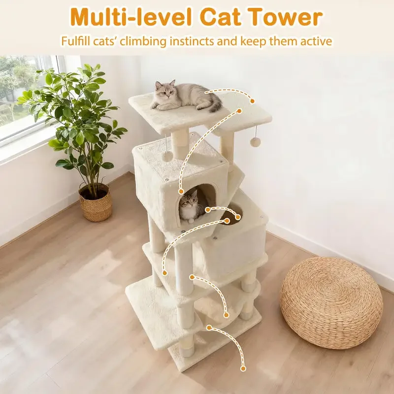 

57 Inch Cat Tree with Dual Condos and Hammock and 2 Dangling Balls-Beige