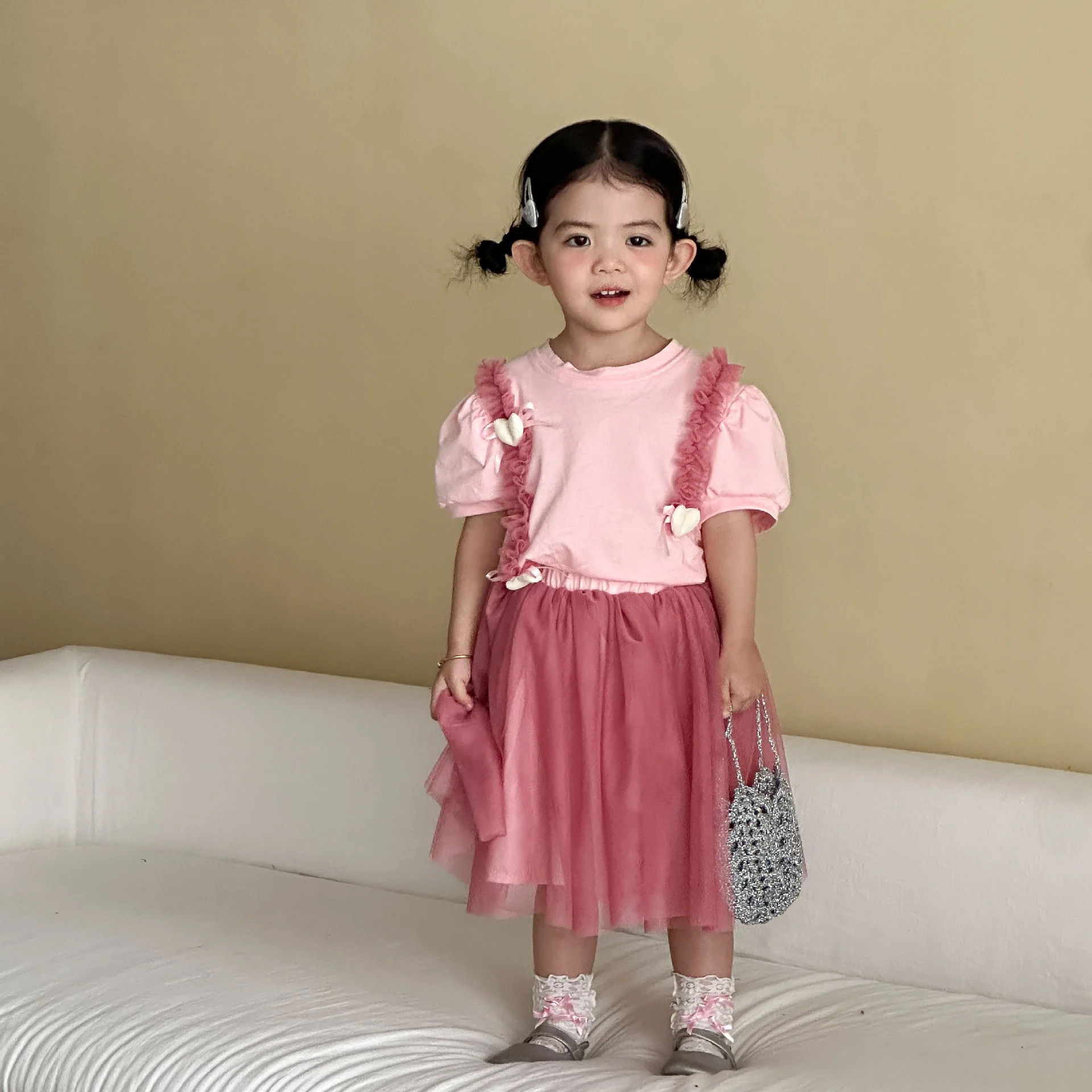 

2026 Summer New Girls Cute Short Sleeve Clothes Set Children Solid T Shirts + Yarn Skirt 2pcs Suit Kids Cotton Outfits