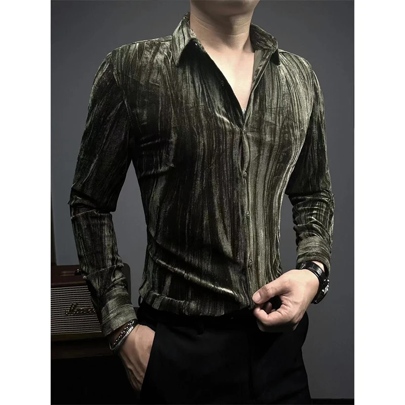 Camisas de terciopelo con solapa para hombre, Tops de manga larga delgados, superficie brillante, botonadura única, moda de lujo, informal, elegante, primavera y otoño