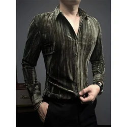 Smart Casual Spring Autumn Men Shirts Lapel Velvet Bright Surface Single Breasted Fashion Luxury Thicken Slim Long Sleeve Tops