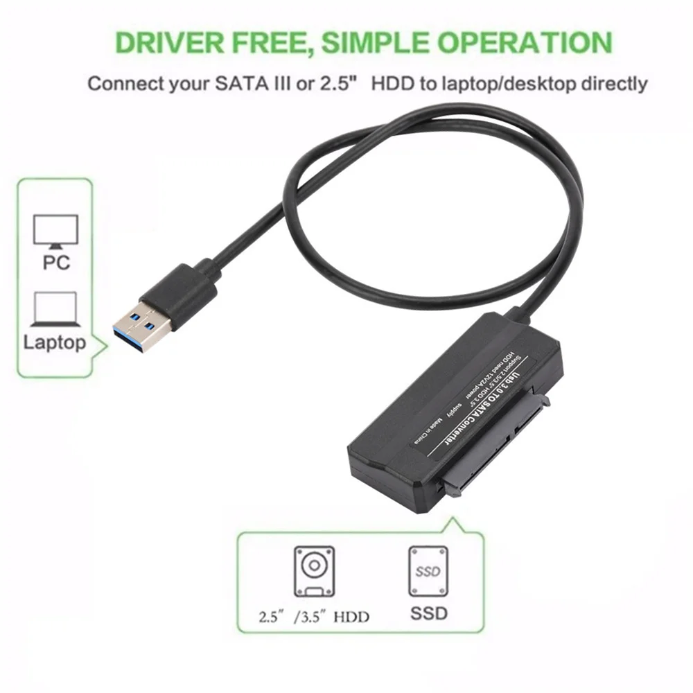 Sata para USB 3.0 cabo adaptador, 22 pinos suporte, 2.5 ", 3.5", HDD externo, SSD, disco rígido, conector do computador, apto para SATA 3