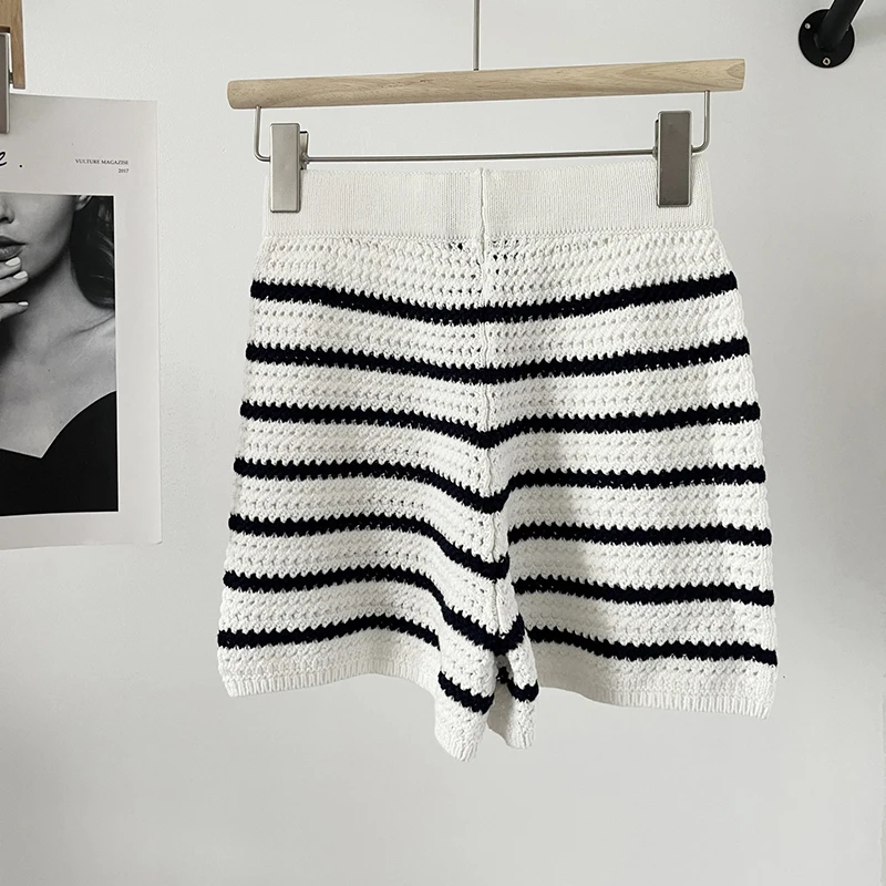 Donegirl 2023 New Fashion Spring Summer Crochet Knitted Hollow Out Short Pants Solid Striped Casual Simple Shorts Female Chic