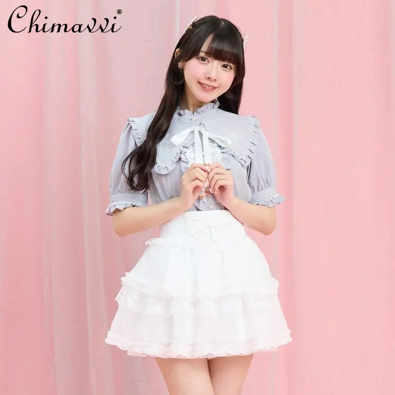 

Japanese Sweetcute Fungus Edge Shirt 2026 Summer New Fashion Embroider Lace Edge Tie Back Shirt Pure Color Doll Collar Blouse