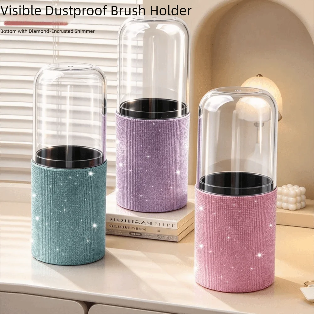 Rhinestone Makeup Brush Storage Bucket Portable PU Leather Glitter Makeup Brush Holder Transparent Cover Pen Holder