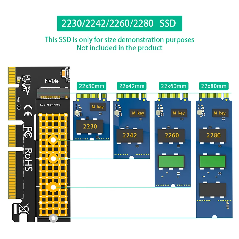 Expansão Card Riser Converter com LED, M.2 NVME, Chave M para PCI Express X4, X8, X16 Adaptador, Suporta 2230, 2242, 2260, 2280, M2 NVME SSD