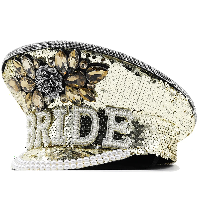 

Fashion Women Bride Captain Hat Military Cap Sergeant Bridal Hat Hen Do Hat Festival Birthday Part Hat Luxury Rhinestone