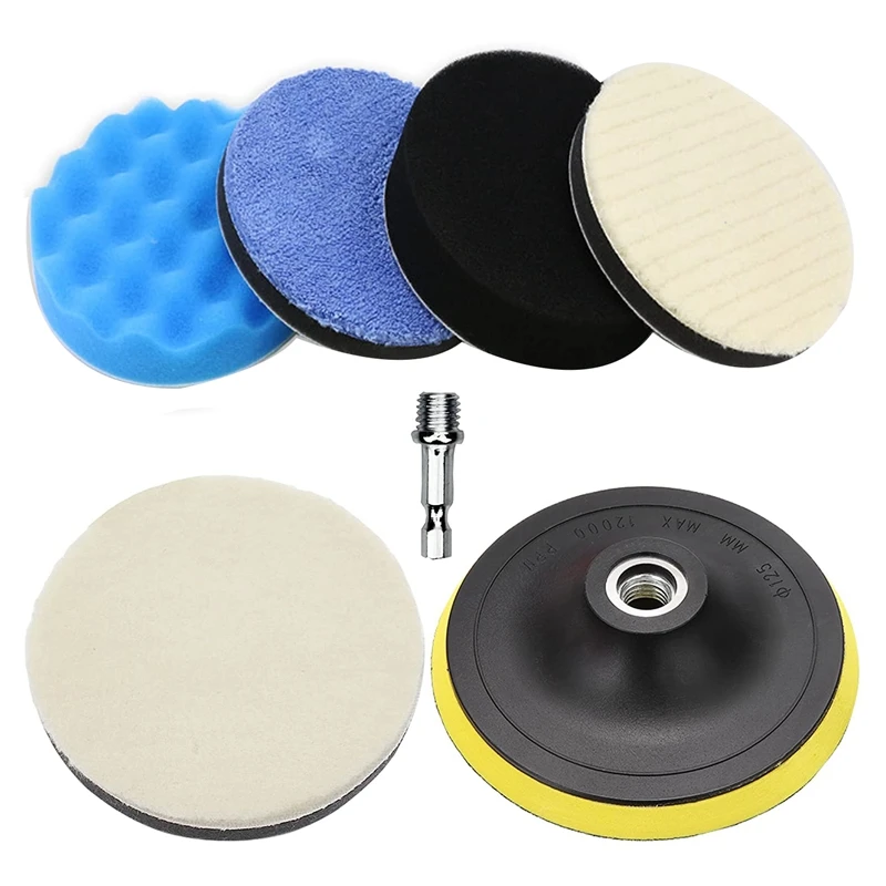 

5 Inch Wool Polishing Buffing Pads Kit, 7 Pcs Waxing Buffing Polishing Sponge With M14 Drill Adapter