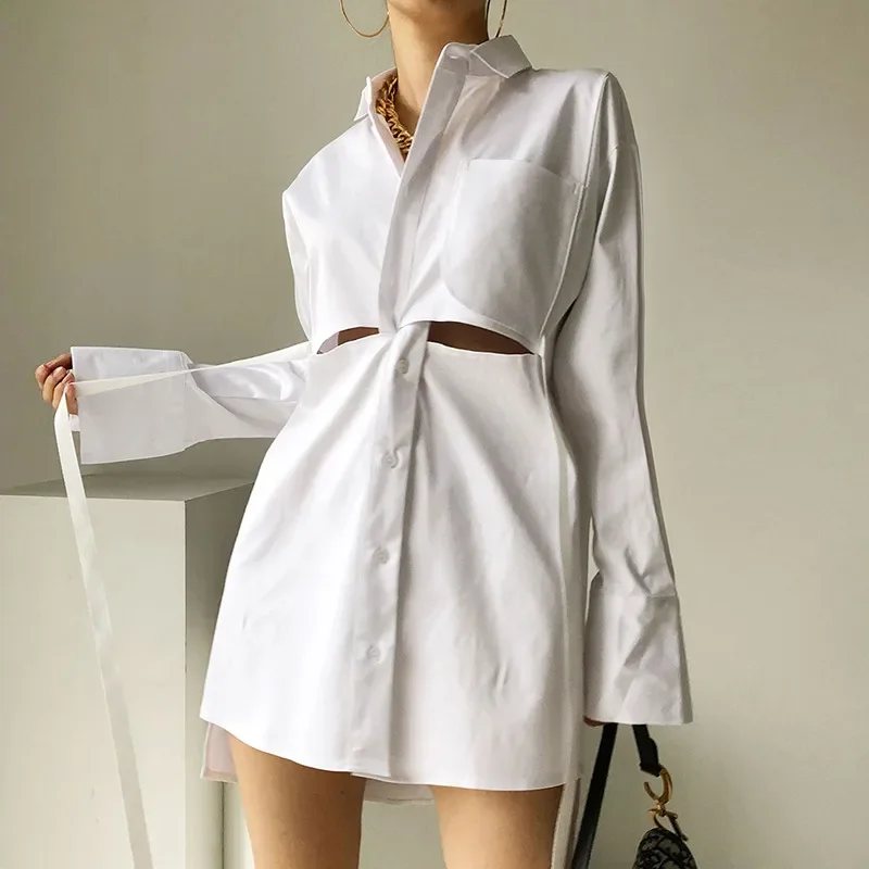 Chic Hollow Out White Shirt Dress Summer Fashion Loose Design Cross Front Mini Dress Long Sleeve Casual Irregular Long Shirt