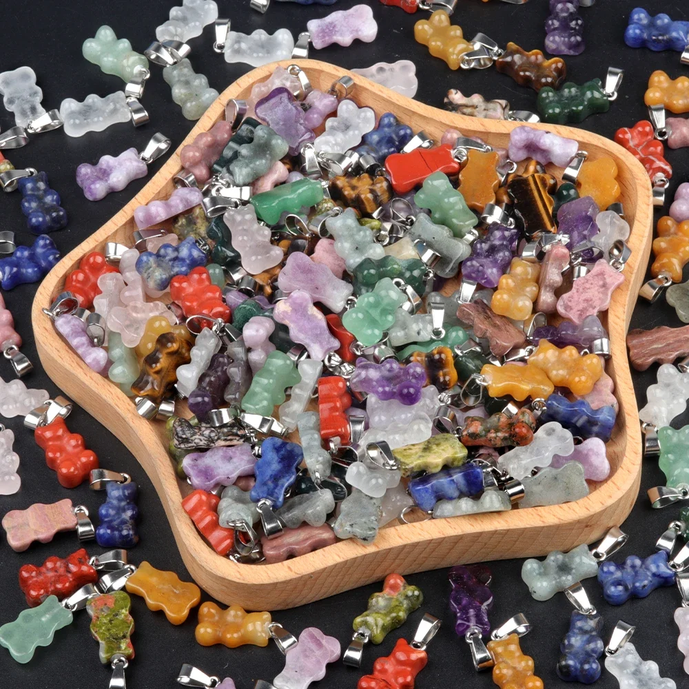 Natural stone Cute Gummy Bear Necklace for Women Girl Candy Color Natural Crystal Stone Bear Pendant Necklace Candy Bear Pendant
