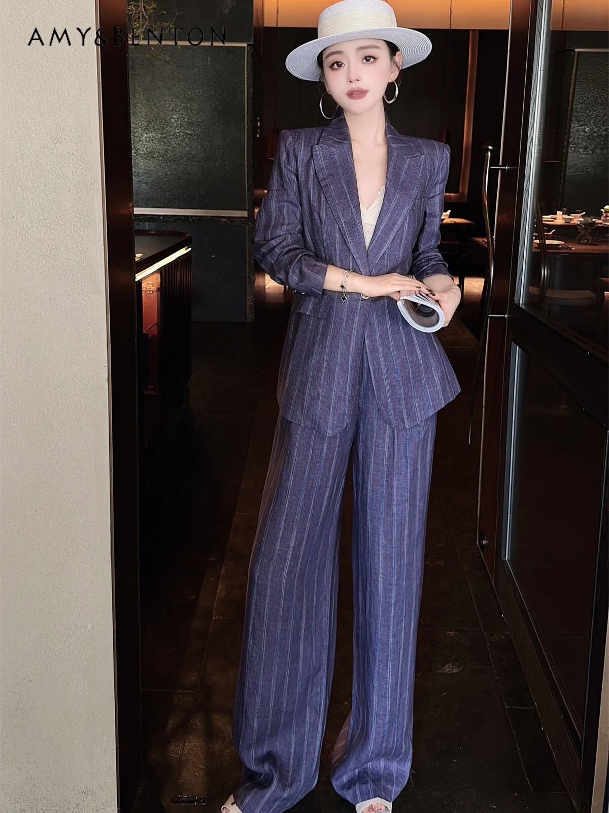 

High-Grade Business Wear Women Autumn New Socialite Elegant Linen Purple Striped Suit Wide-Leg Pants 2 Piece Sets Womens Outfits