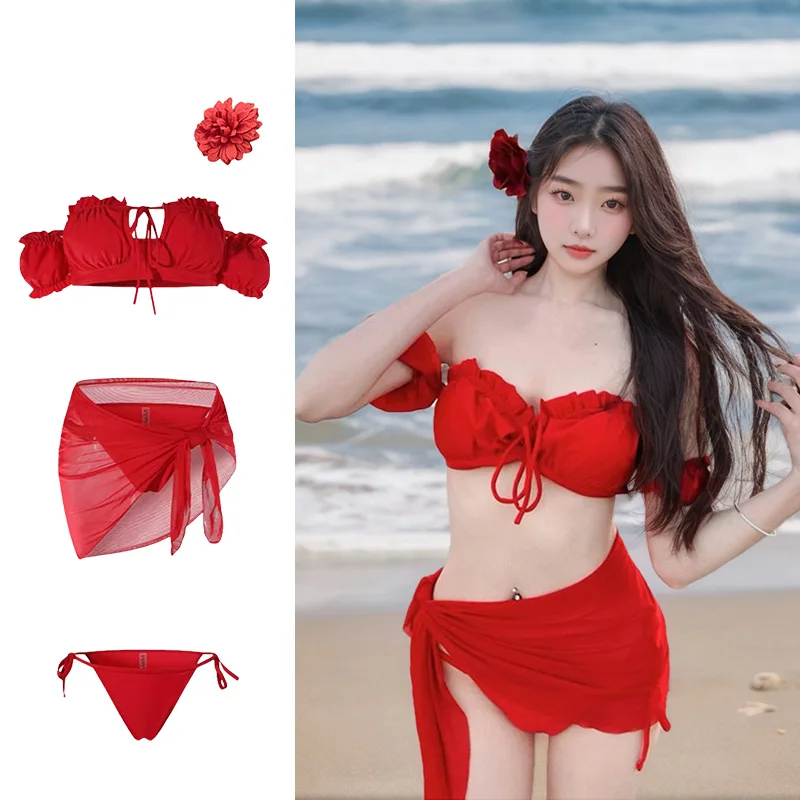 

Сексуальный ретро-красный бикини, женский раздельный купальник Pure Desire, новинка 2025 года, модный дизайн со стальными вставками