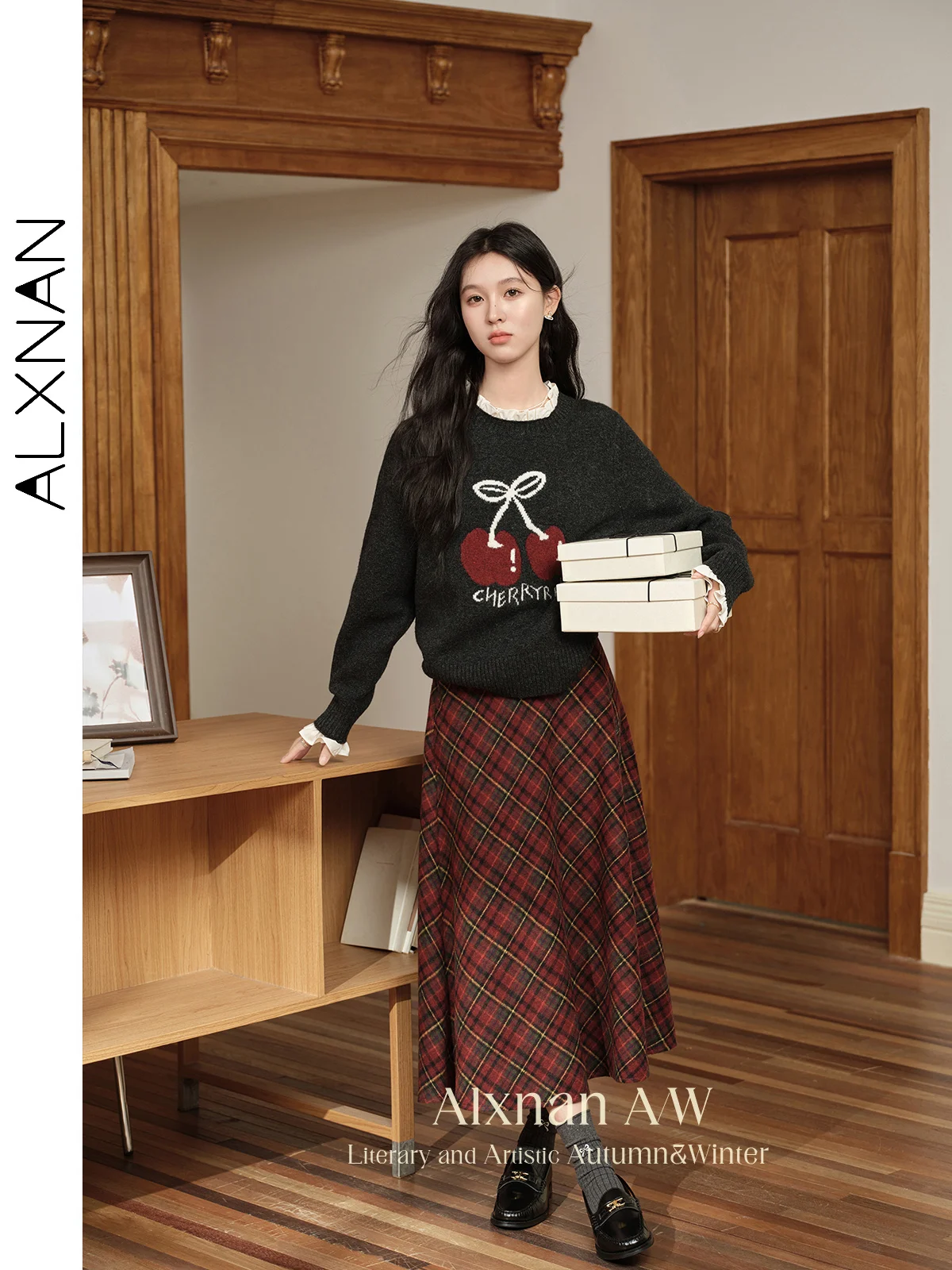 ALXNAN Women's Vintage Red Plaid Skirts 2024 Fall Winter Trendy Basics Slimming A-line Lady Midi Skirt Sold Separately L50105BSQ