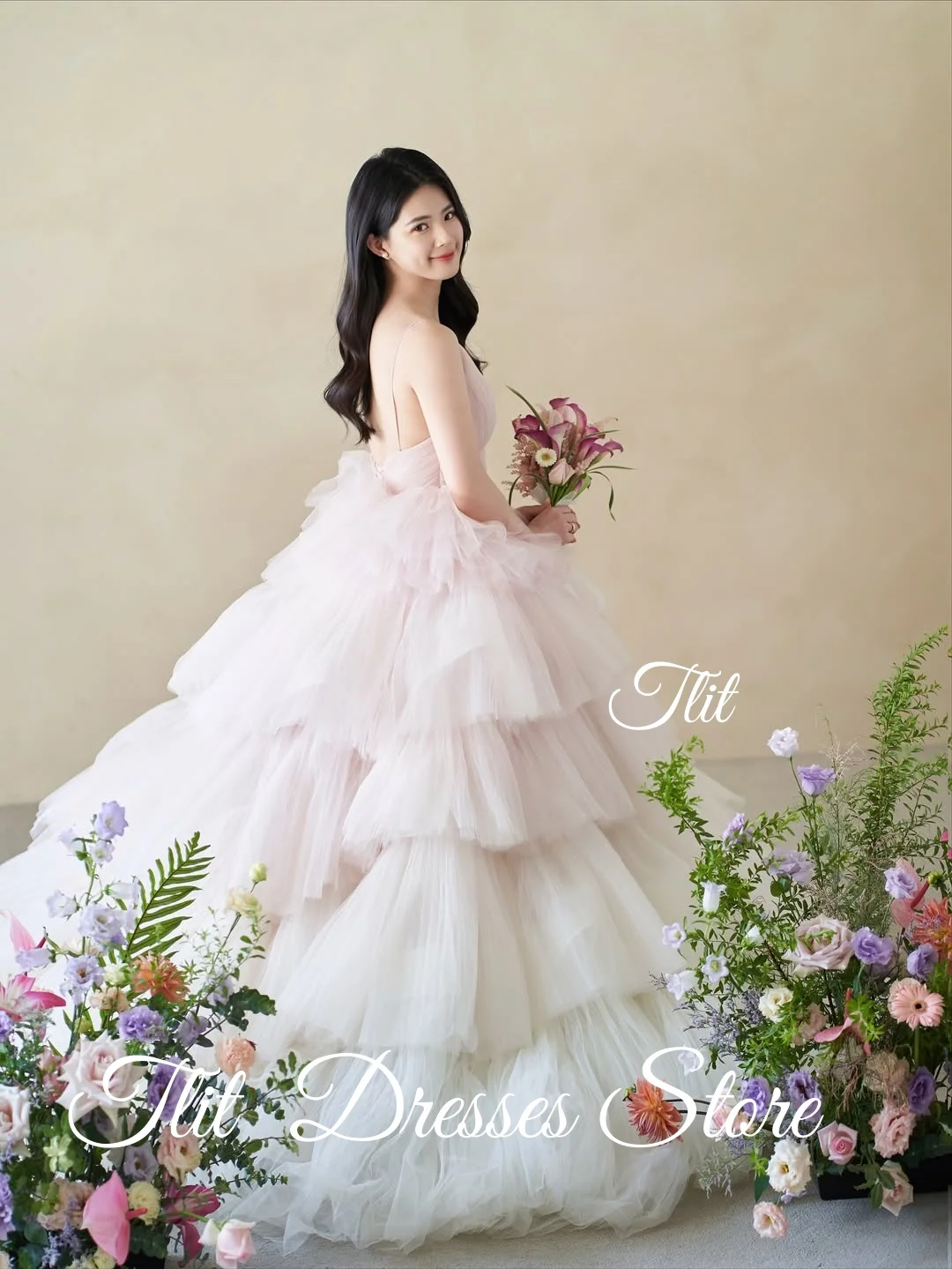 TLIT Lovely Gradient Color Pink Tiered Tulle Evening Dress Korea Wedding Dress Photo Shoot Sweetheart Prom Gowns Customized
