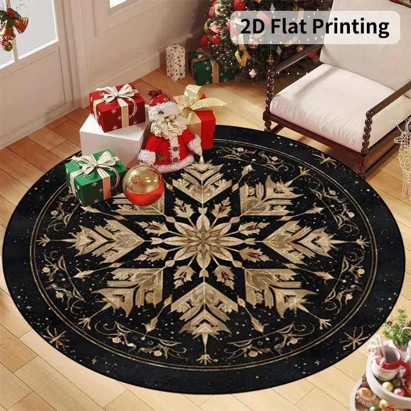 Round Red Snowflake Christmas Tree Border Area Rug Classic Xmas Snow Element Pattern Decor Carpet For Living Room Entryway