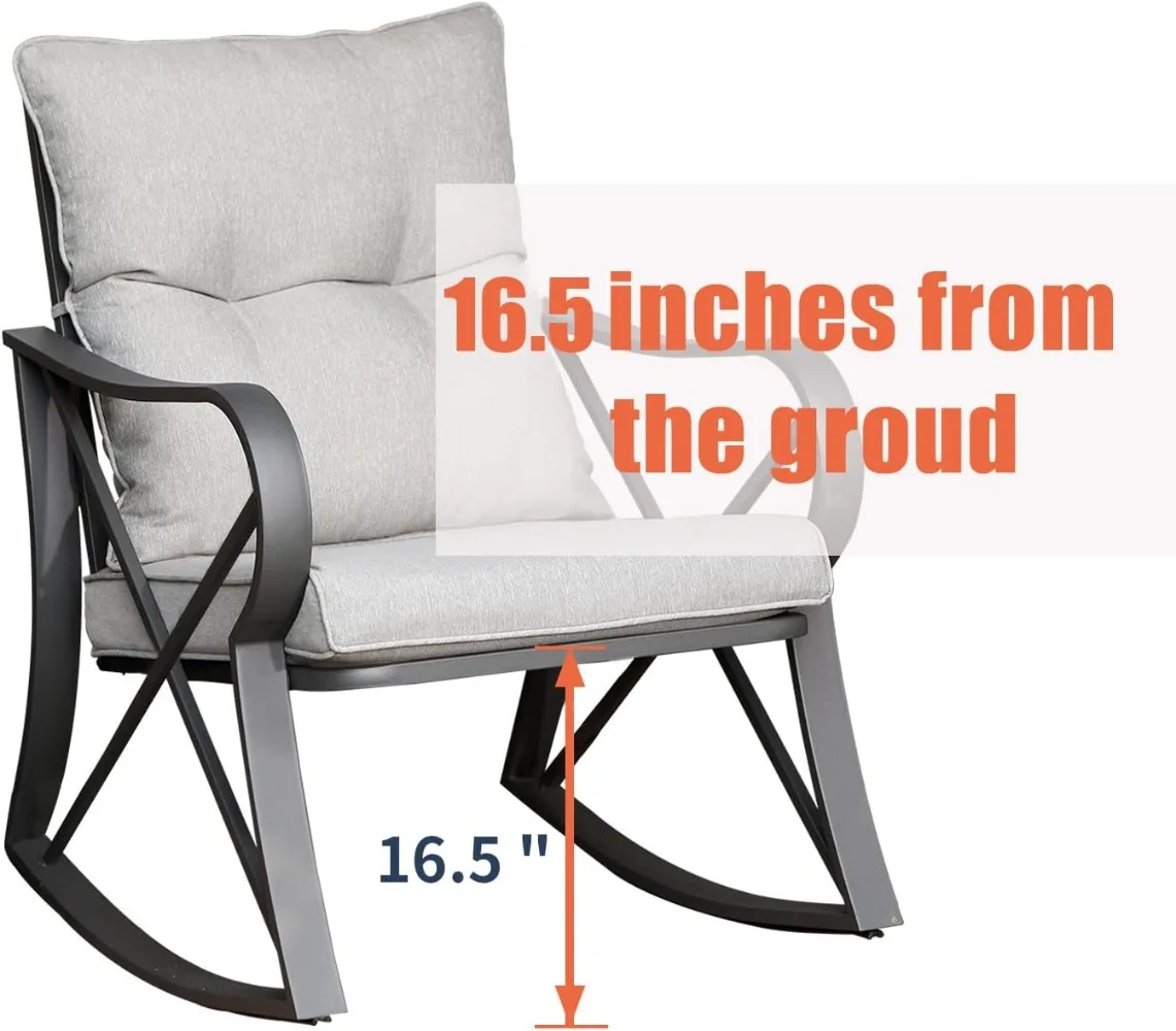 Outdoor 3-Piece Rocking Bistro Set, Modern Patio Furniture Set w Warm Gray Cushion, Glass Coffee Table, Small Rocker