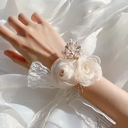 New Wristband Flower Wedding Bride Bridesmaid Luxury Lace White Ribbon Hand Flower Wristband Flower Girls Jewelry Gift