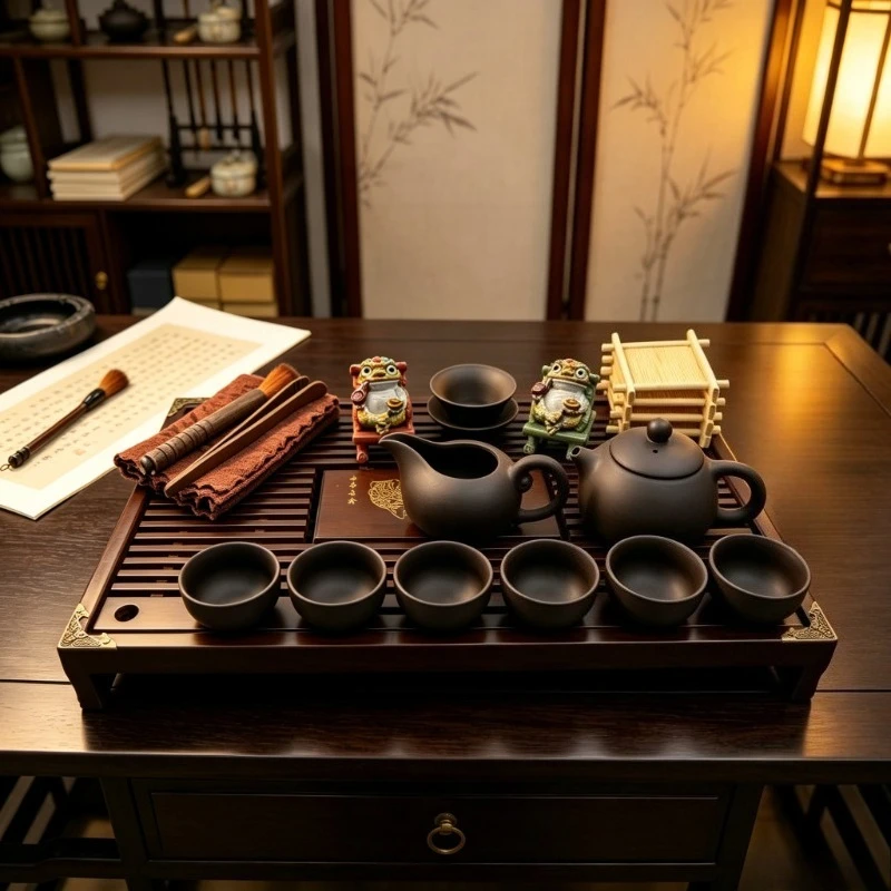 19/24-piece Set  Purple Clay Kung Fu Tea Set - Contains Color Changing Lucky Toad Tea Pet Solid Wood Tea Tray, Cup Mat