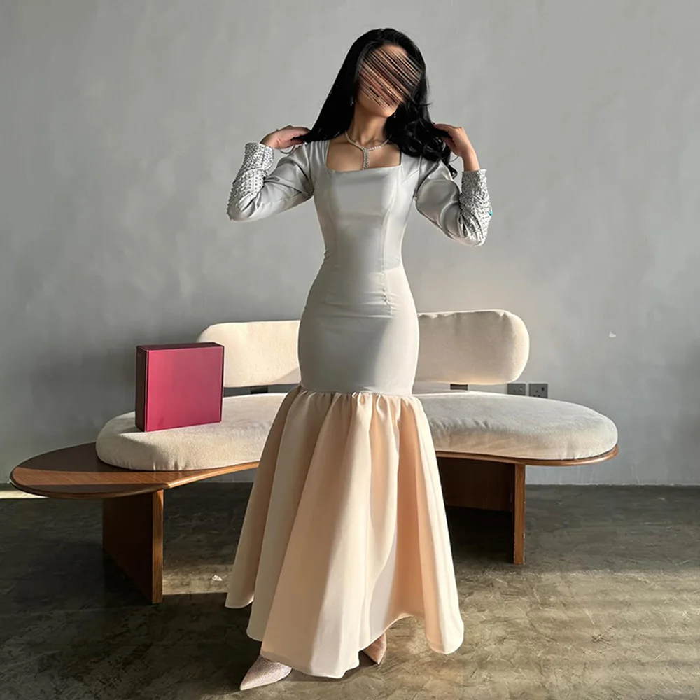 Mermaid Square Neck Satin Long Sleeves Light Blue Graceful and Temperament Evening Dresses Pleats Zipper Back Saudi Arabia 2024