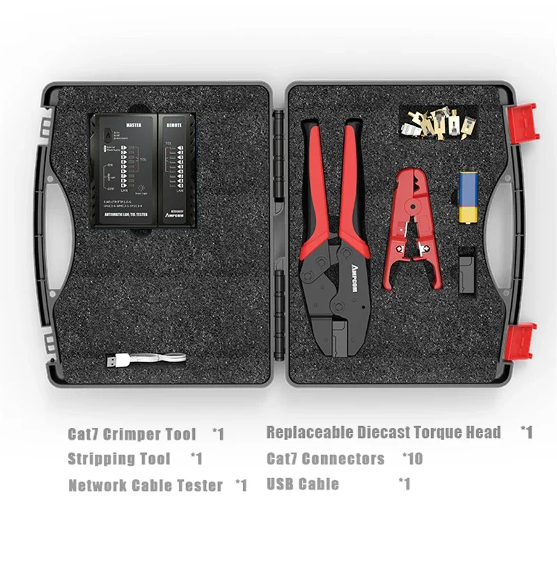 Netwerktoolkit, AMPCOM Professional RJ45-tool (Cat7 Crimper, 10PCS Cat7-connectoren, netwerkkabeltester, stripgereedschap)