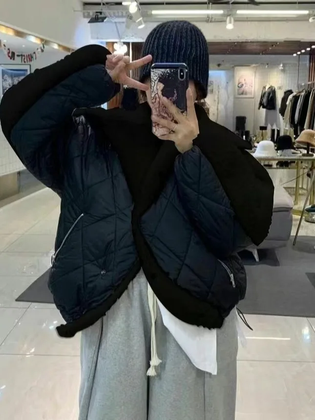 Otoño Invierno piel de cordero empalme algodón Jaet mujeres diseño suelto versátil ropa de abrigo cálida abrigo de moda